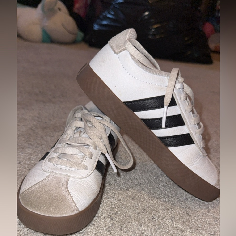 adidas Kids White and Black Sneakers with Brown Sole